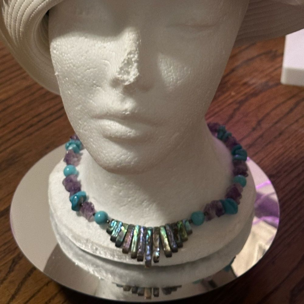Sterling Silver Turquoise Amethyst Necklace with Abalone Spray. Total stunner! - Picture 4 of 4